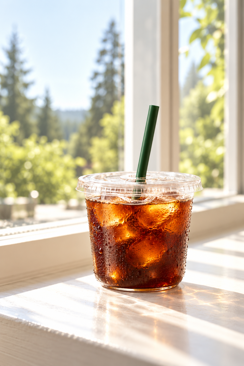 Iced coffee by a sunlit window overlooking green trees