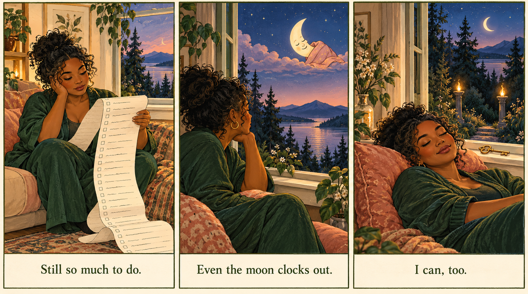 Three-panel cartoon: a Black woman looks at a long to-do list, sees the moon sleeping, then rests herself. Captions: Still so much to do. Even the moon clocks out. I can, too.