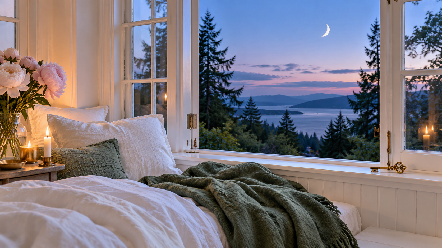 An imagined moonlit Pacific Northwest bedroom with white linen, a forest-green blanket and a small key on the windowsill.